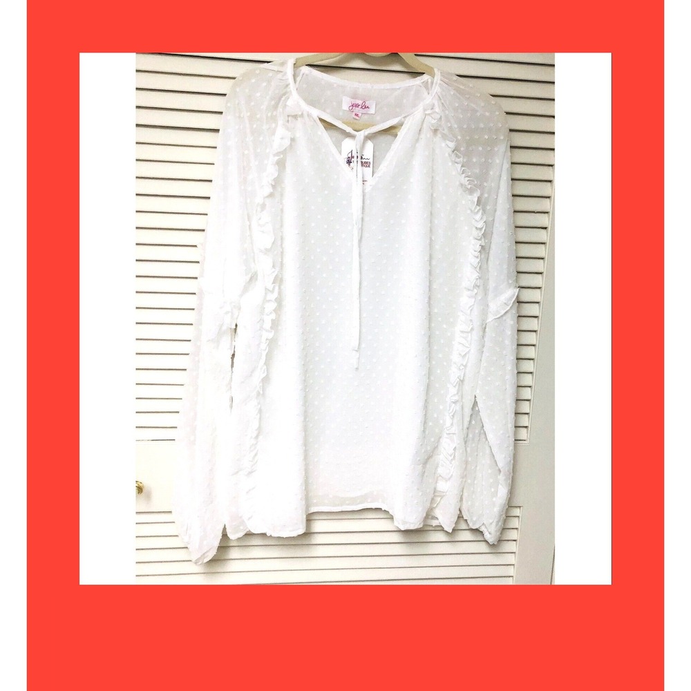 NWT‎ White Dotted Swiss Top Women's 2X Drawstring Lined Ruffles Jess Lea Boho